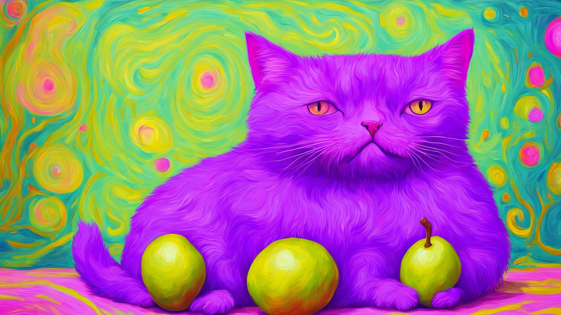 a purple cat with pink strips. the cat is eating a pear. the pear has a face and is looking sad. the background is in vincent van gogh style wide