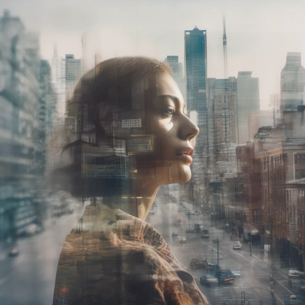 a realistic double exposure portrait of a women and a city