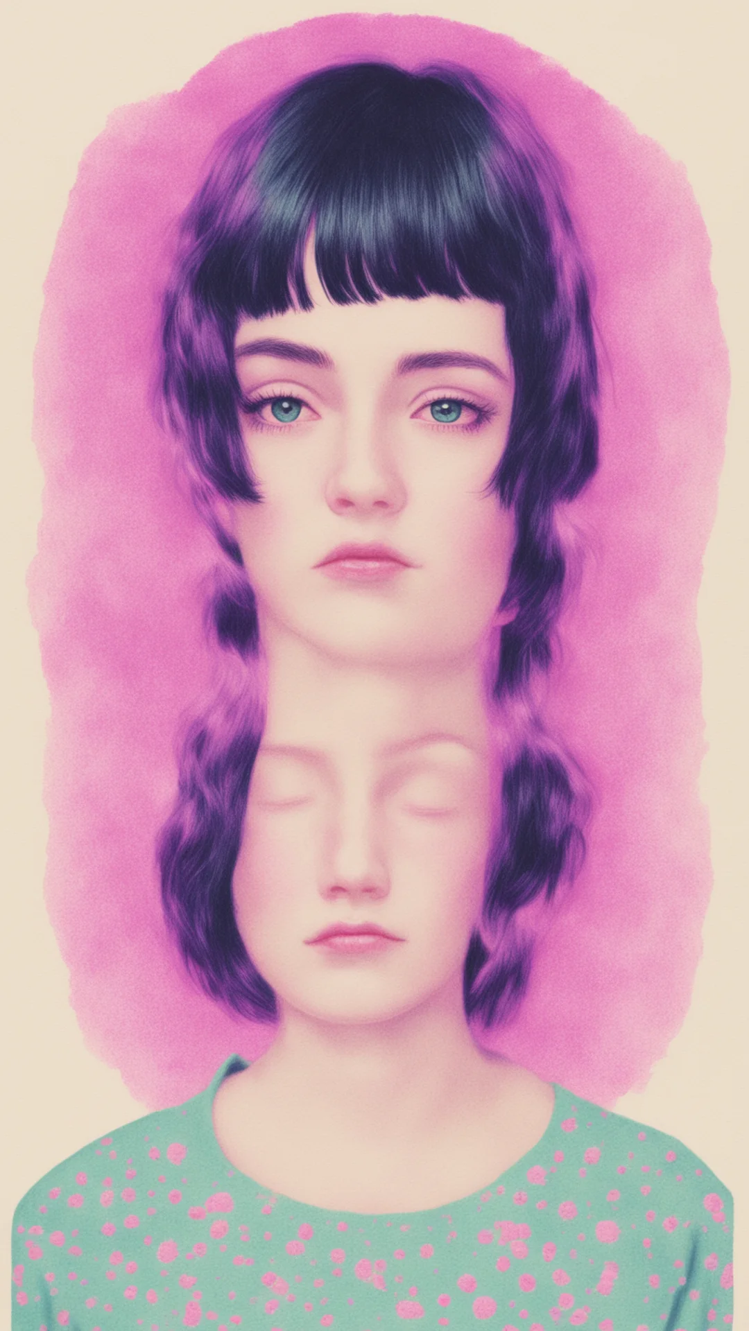 a realistic risograph portrait of a single beautiful emo manic pixie dream girl with two soft warm identical symmetrical amazing awesome portrait 2 tall