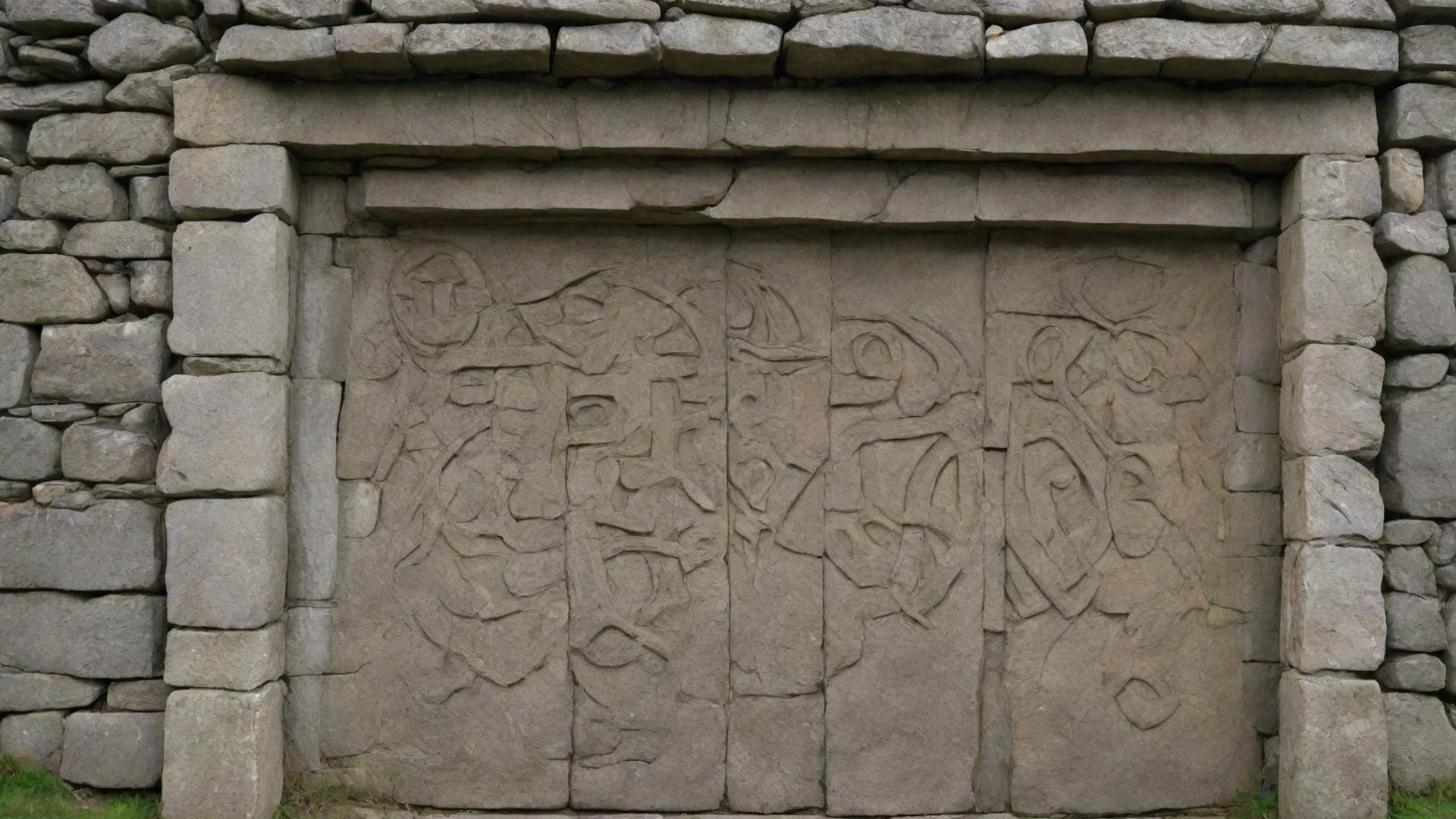 a rectangular door way in a stone wall.  the door frames is carved with demonic runes wide