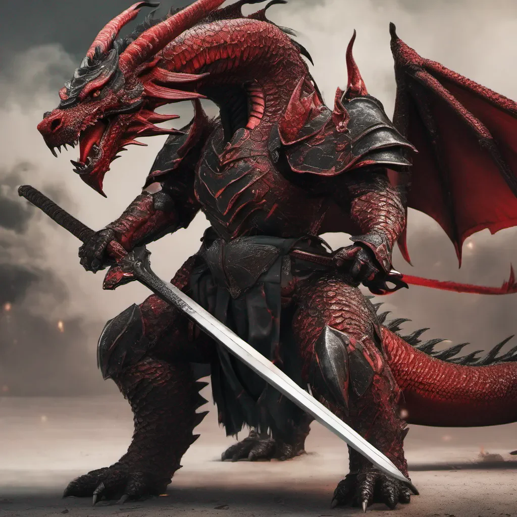 a red and black dragon in battle armour holding a sword good looking trending fantastic 1