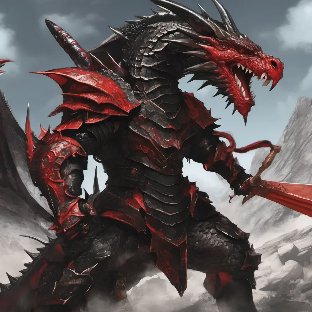 aia red and black dragon in battle armour holding a sword