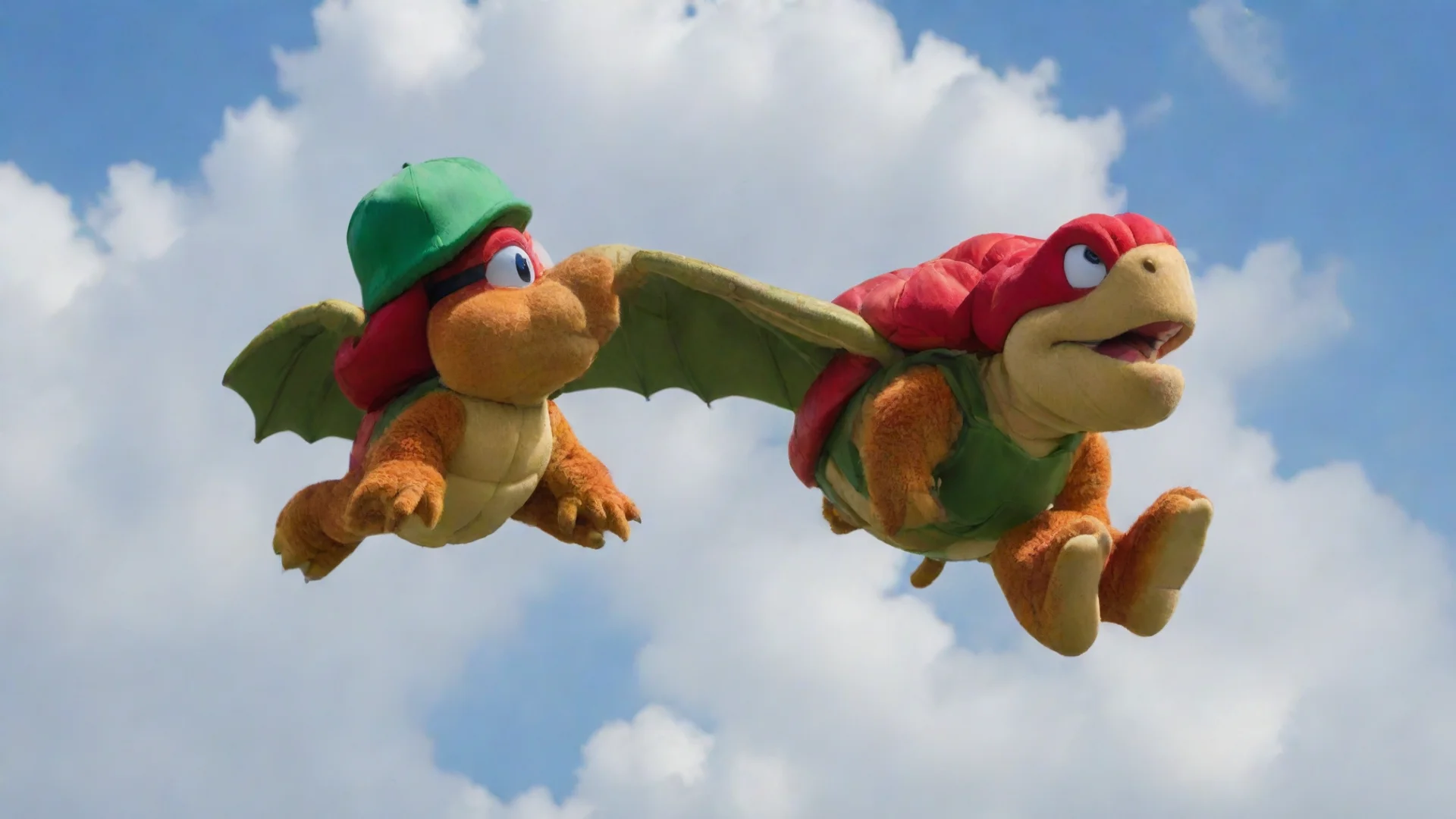 aia red koopa paratroppa%2C wearing a green cap%2C flying through the sky of florida%2C usa  wide