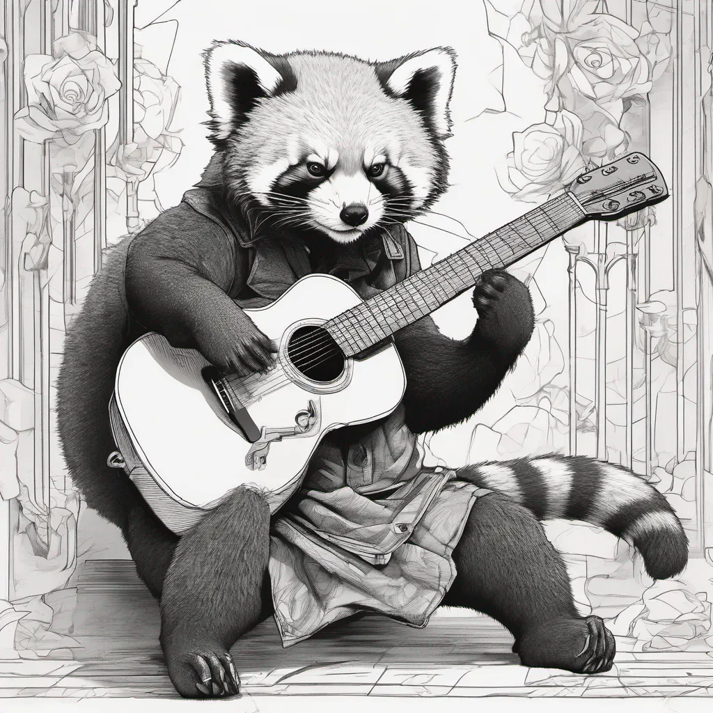 a red panda playing guitar in the style of stylistic manga%2C nightmare%2C clean line work%2C gigantic scale%2C manticore%2C low resolution%2C group material amazing awesome portrait 2