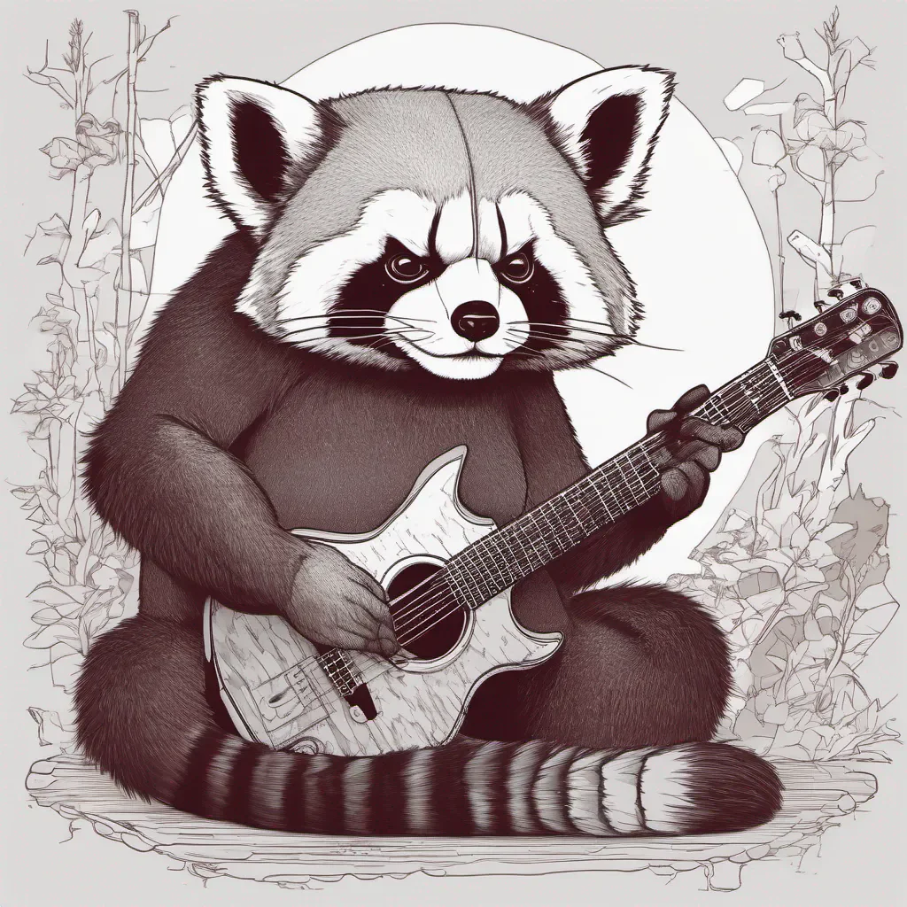 a red panda playing guitar in the style of stylistic manga%2C nightmare%2C clean line work%2C gigantic scale%2C manticore%2C low resolution%2C group material
