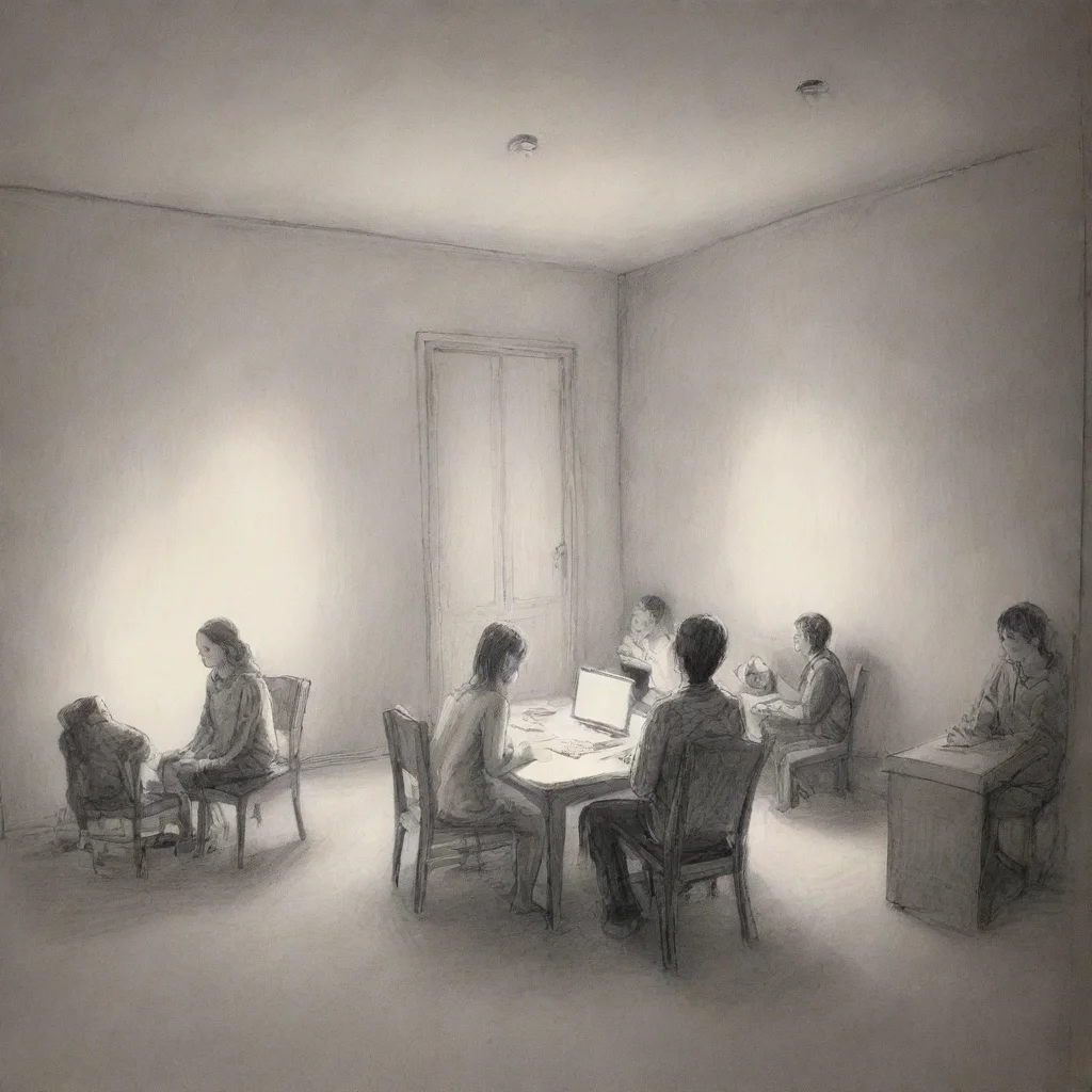 aia room with 5 youg people%2C with the lights that went off. drawing 