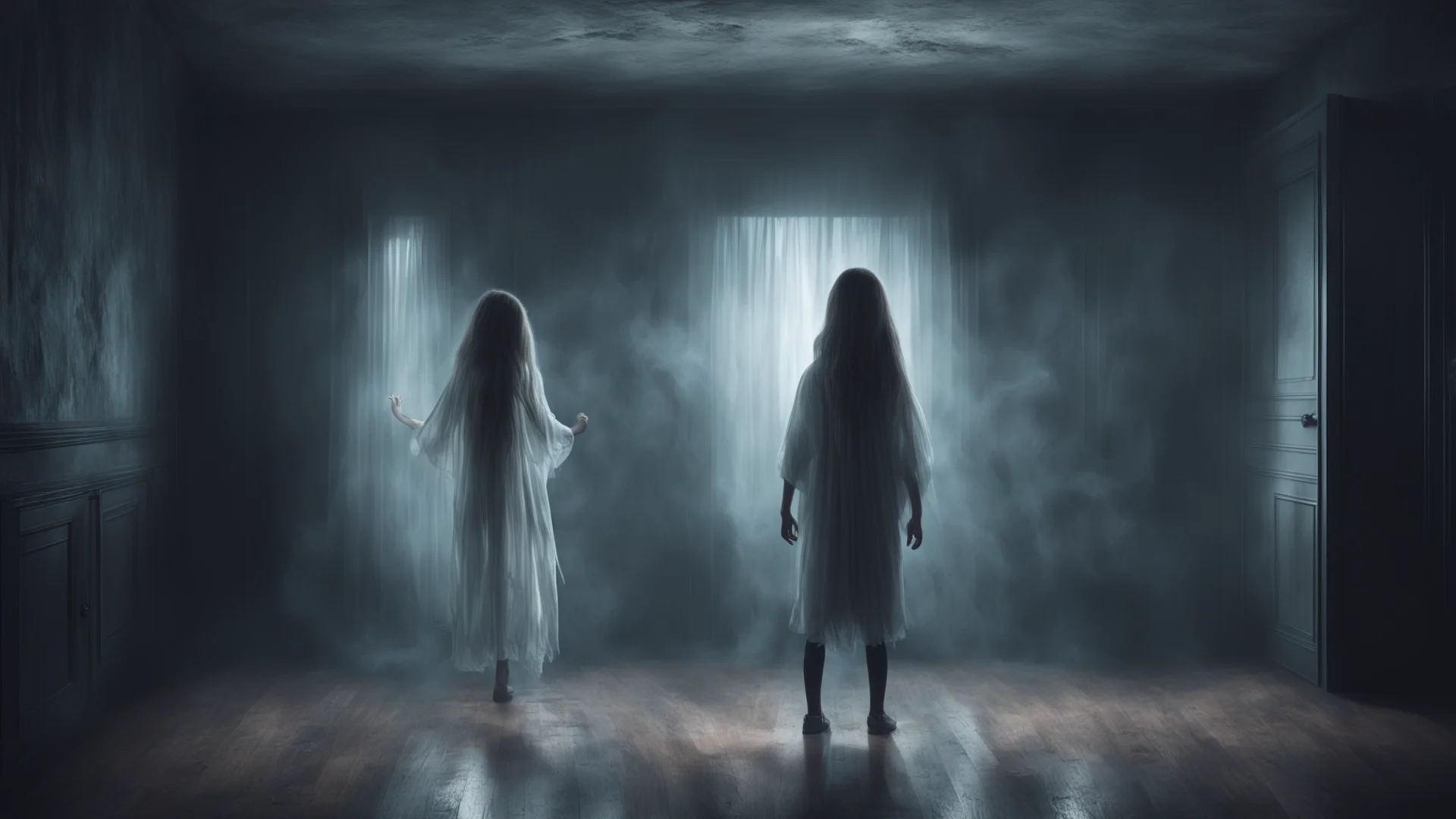 aia scary ghost is scaring a girl inside a dark room%2C hurricane light is shining inside the room%2C the boy is very scared amazing awesome portrait 2 wide