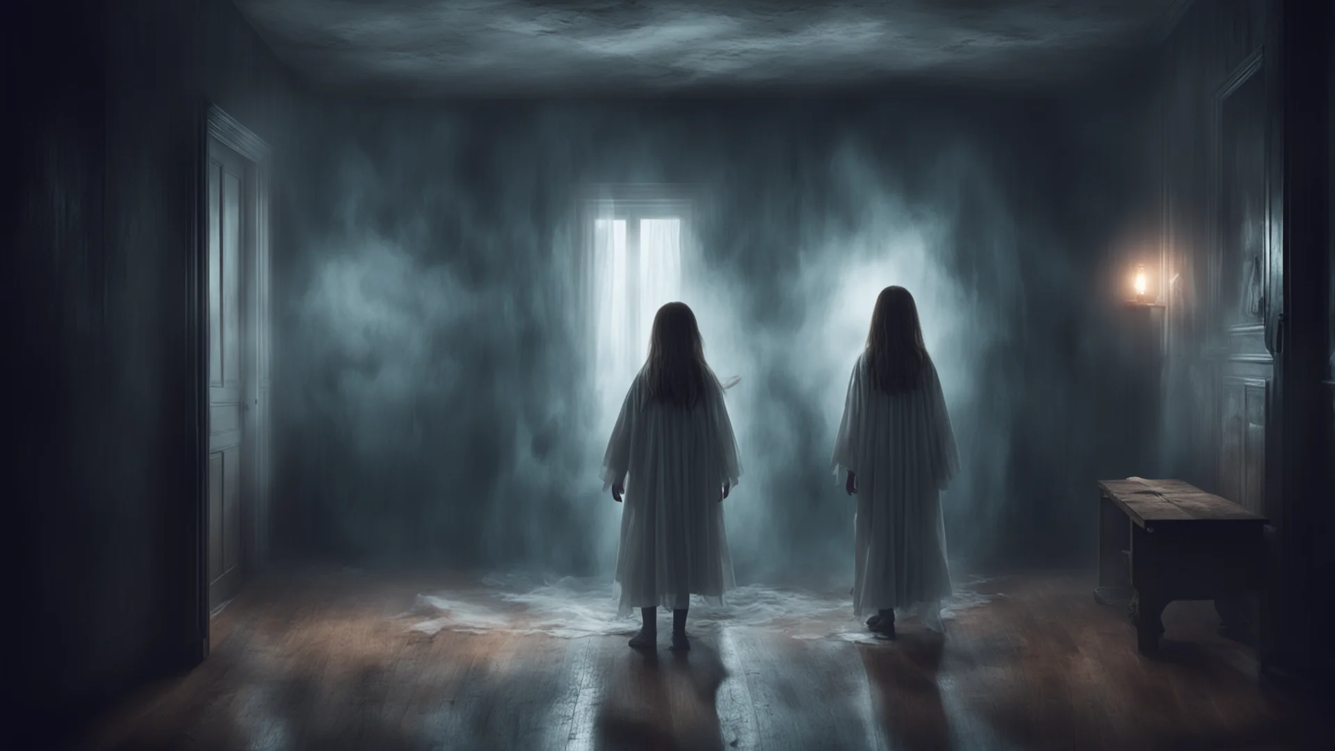 aia scary ghost is scaring a girl inside a dark room%2C hurricane light is shining inside the room%2C the boy is very scared confident engaging wow artstation art 3 wide