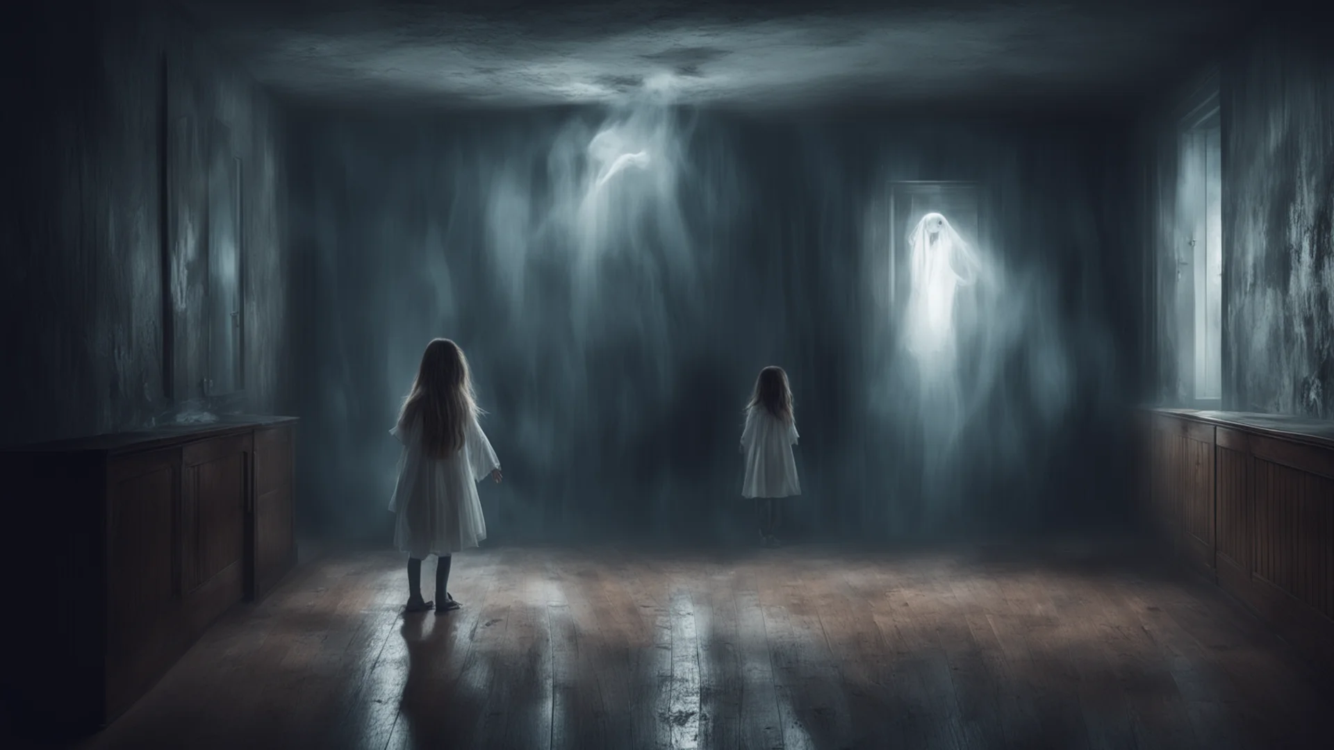aia scary ghost is scaring a girl inside a dark room%2C hurricane light is shining inside the room%2C the boy is very scared wide