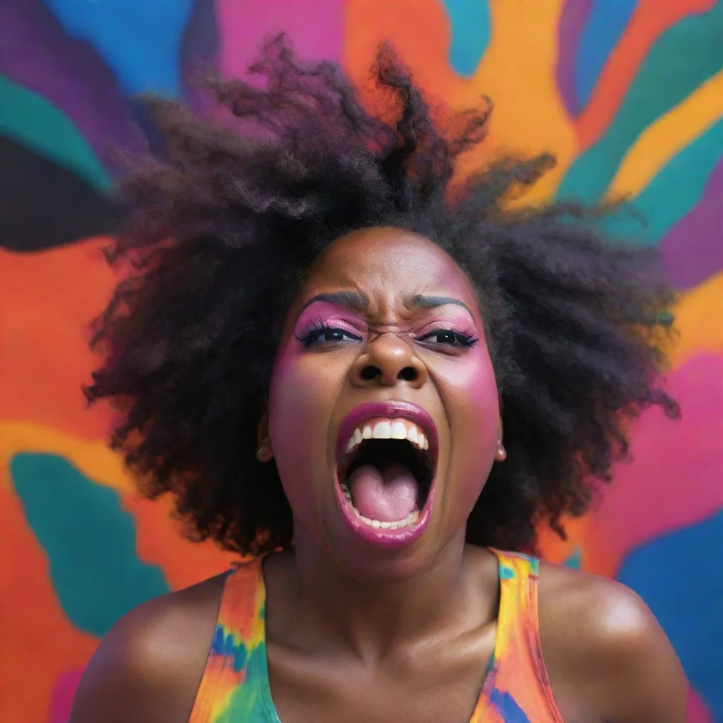 a screaming black woman in a vast of colours 
