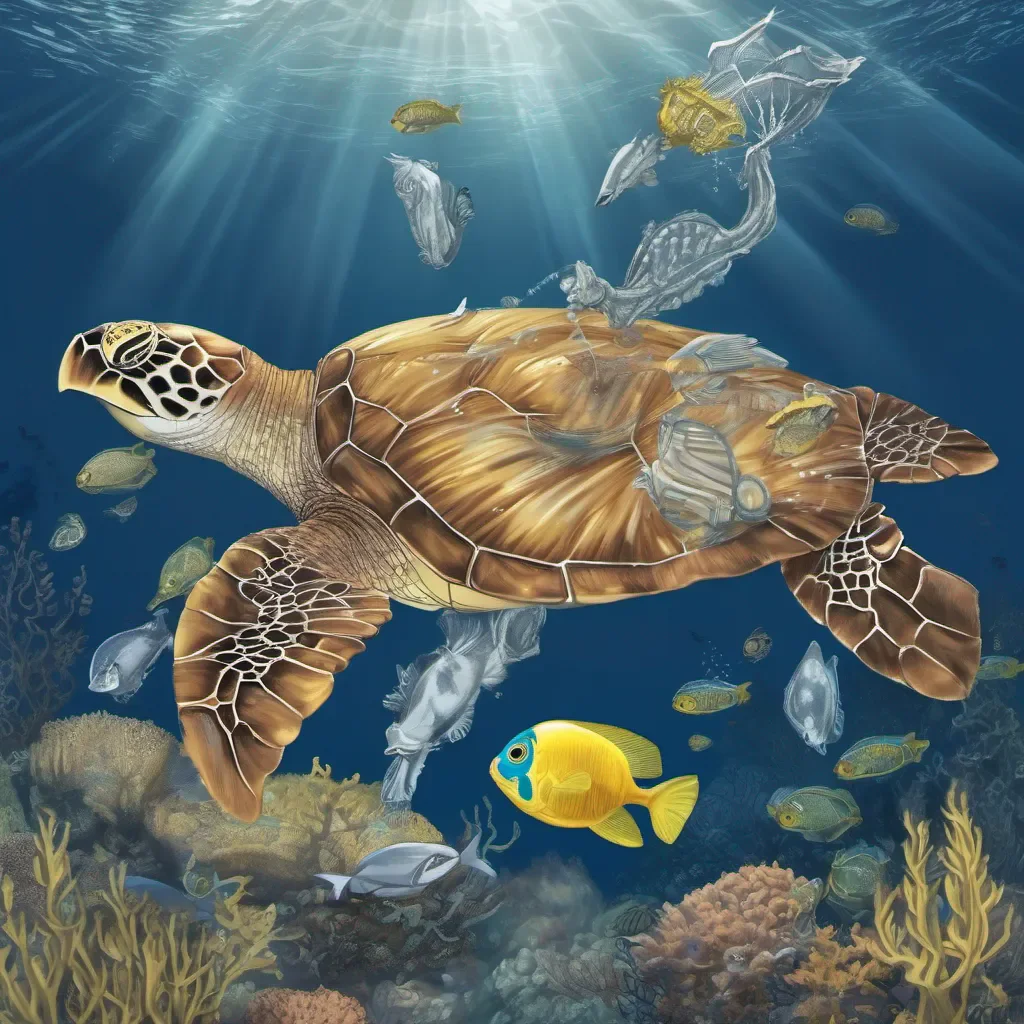 a sea turtle with a silver fish and yellow seahorse under the ocean amazing awesome portrait 2
