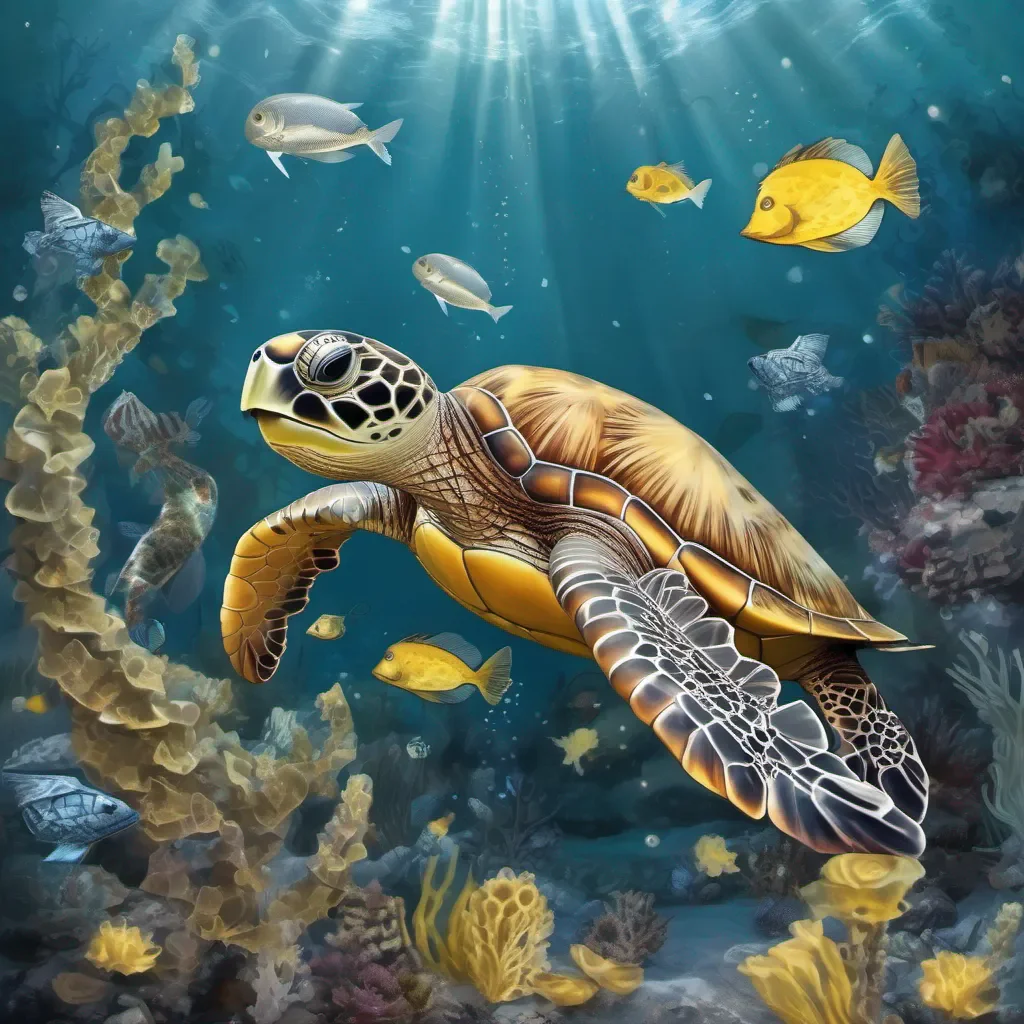 aia sea turtle with a silver fish and yellow seahorse under the ocean confident engaging wow artstation art 3