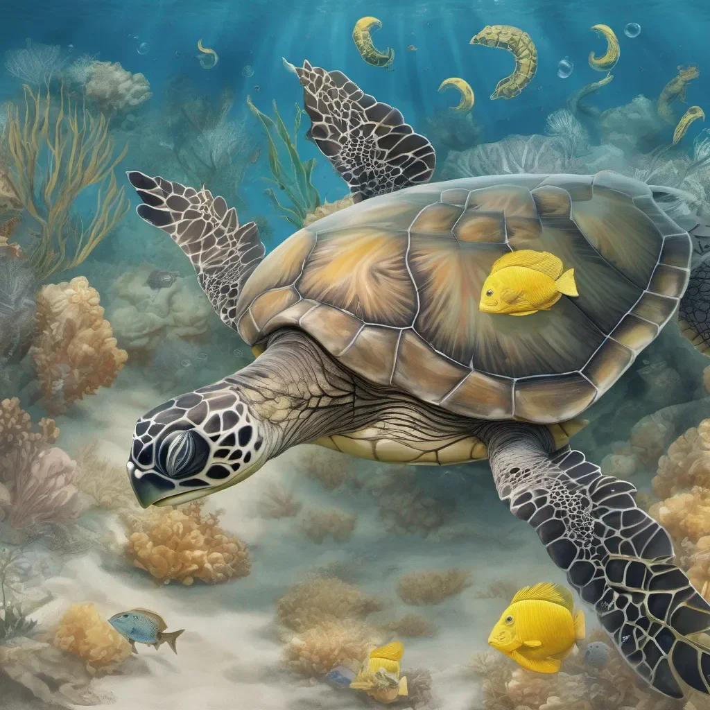 a sea turtle with a silver fish and yellow seahorse under the ocean