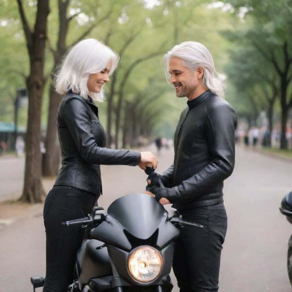 a short girl with brown hair and a tall man stand in a city square with trees. the man reach out a black motorcycle helmet with one hand towards the girl who reaches for the