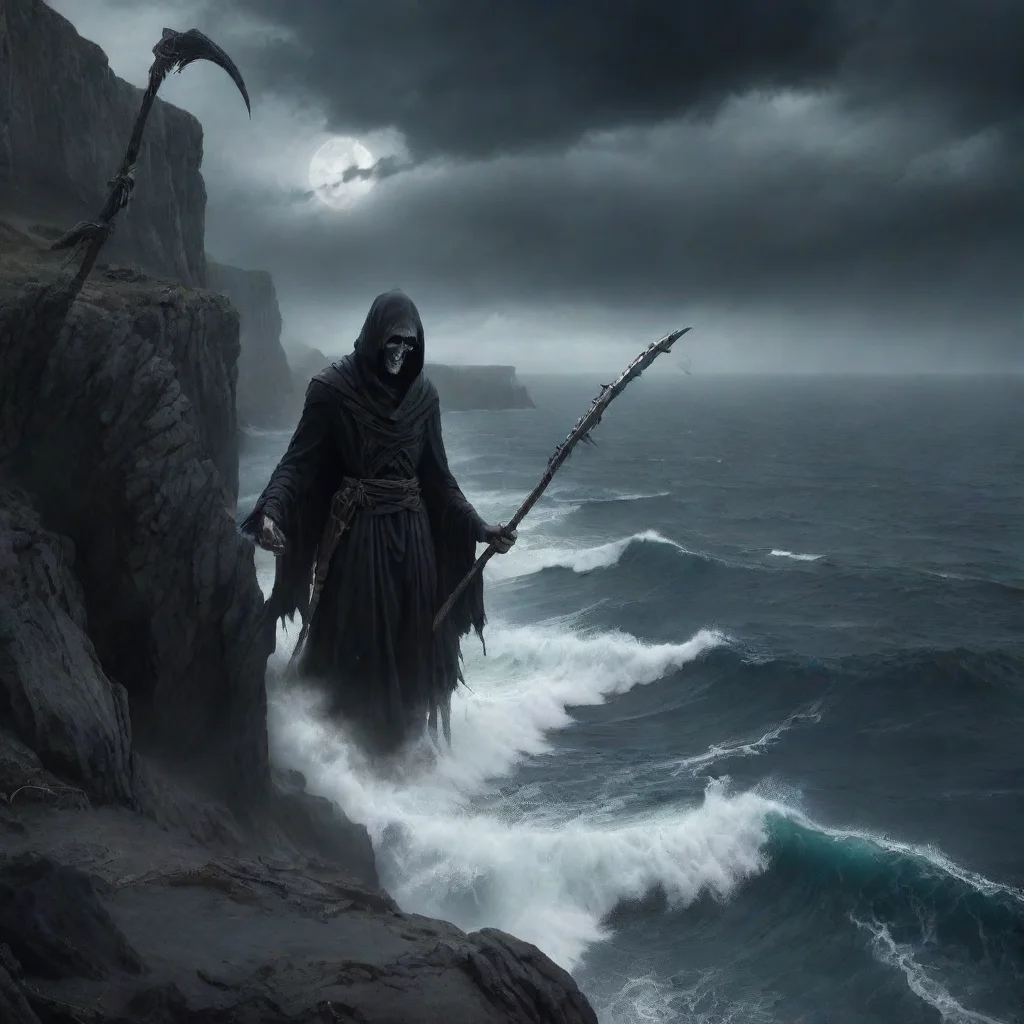 a sinister looking grim reaper holding a scythe on the edge of a cliff above a tempestuous ocean