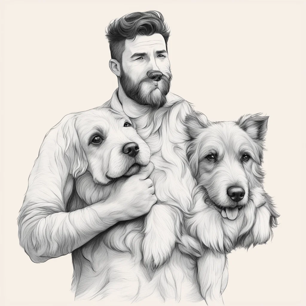 aia sketch style man is holding a big realistic style dog amazing awesome portrait 2