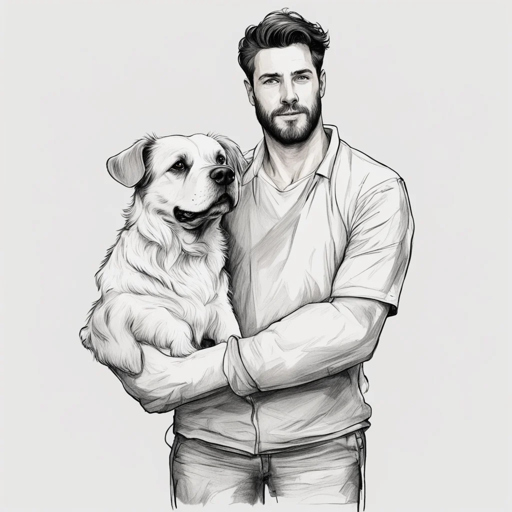 aia sketch style man is holding a big realistic style dog confident engaging wow artstation art 3