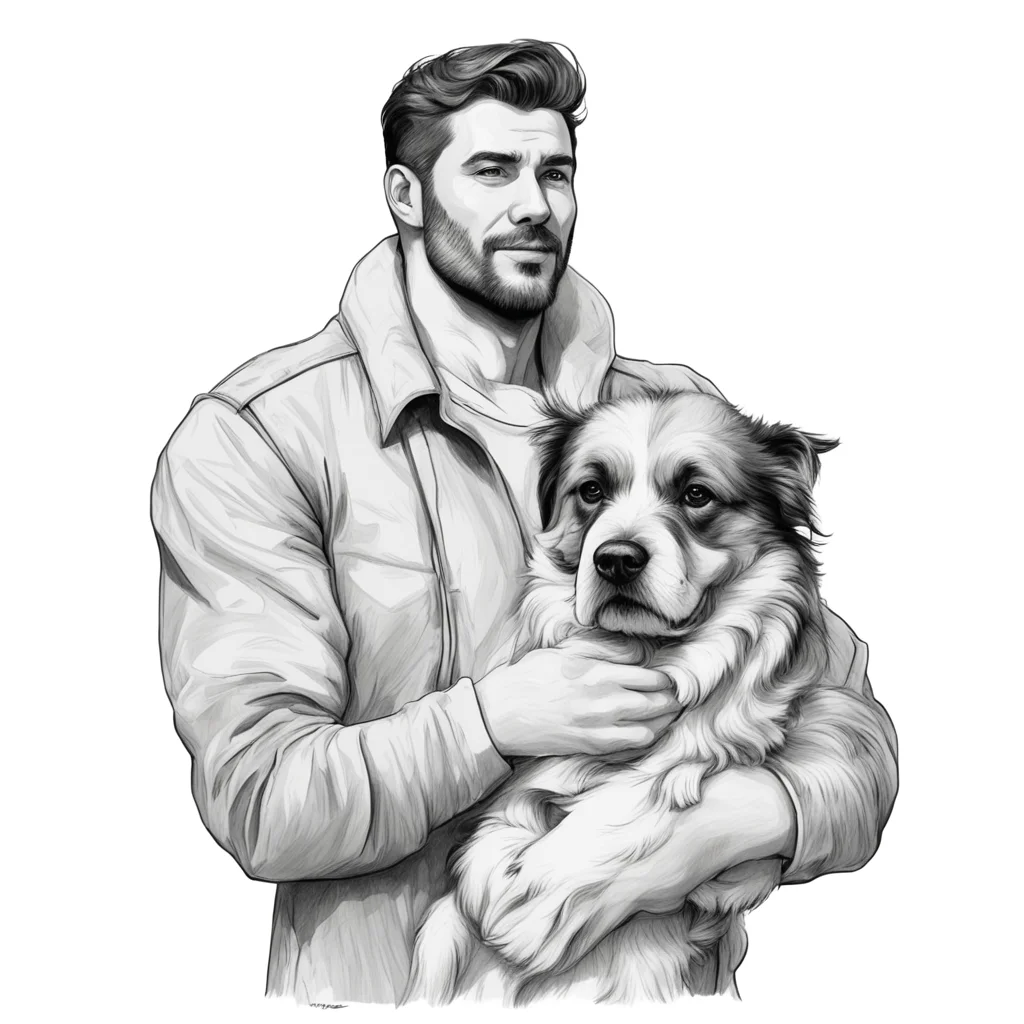 a sketch style man is holding a big realistic style dog good looking trending fantastic 1