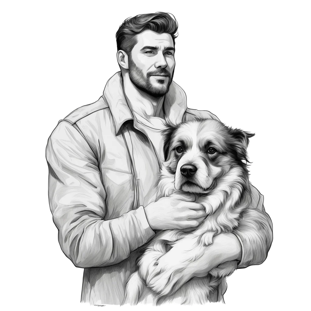 aia sketch style man is holding a big realistic style dog good looking trending fantastic 1