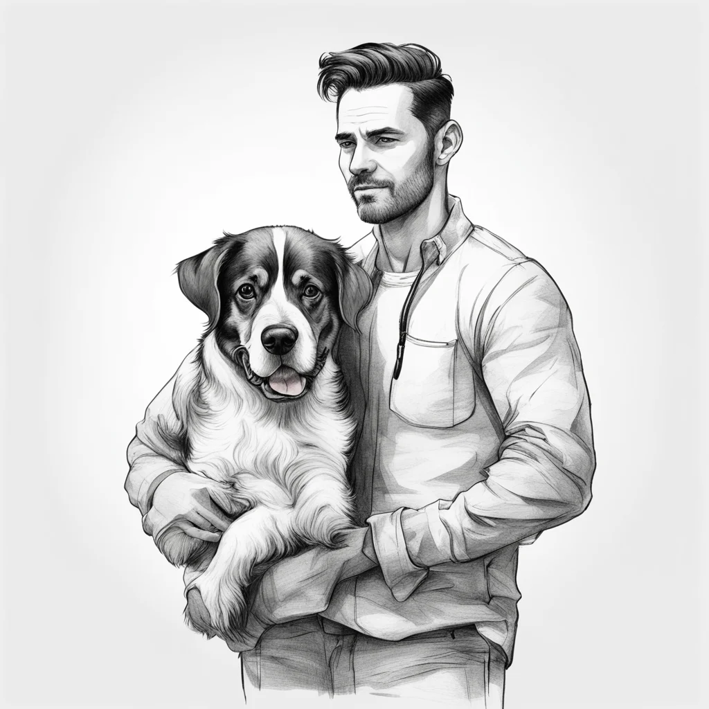 a sketch style man is holding a big realistic style dog