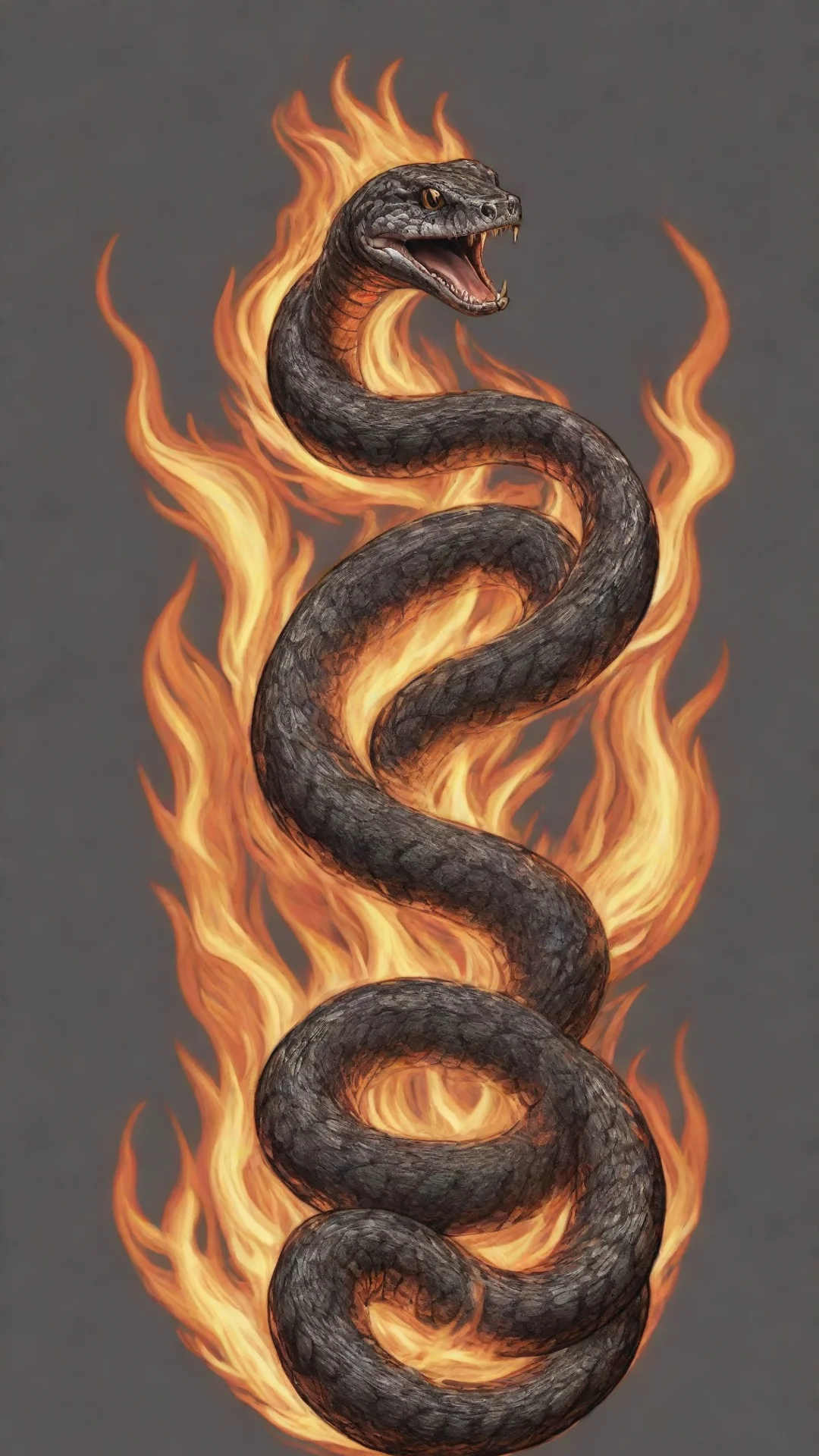 a sketched line art snake on fire tall