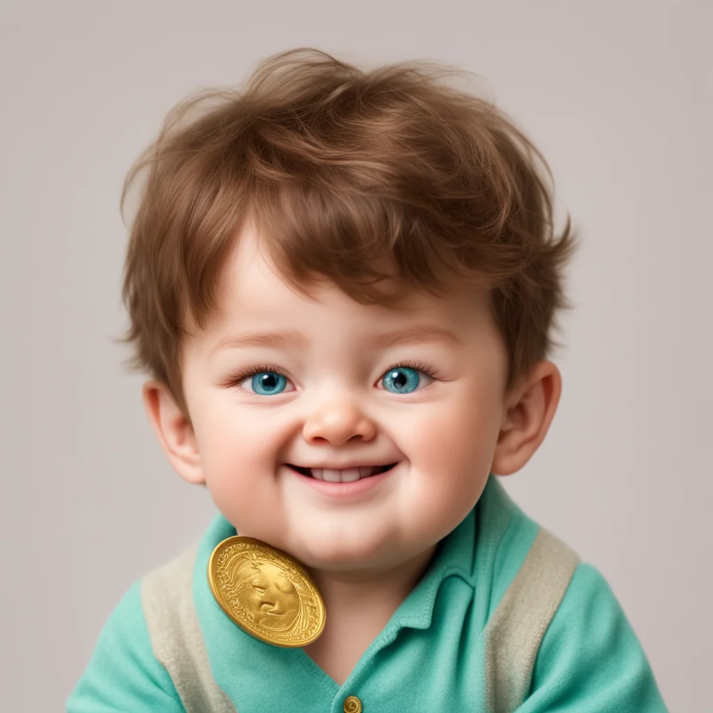 aia sleepy brown hair boy baby with cyan beautiful eyes holding a gold coin with happy face amazing awesome portrait 2