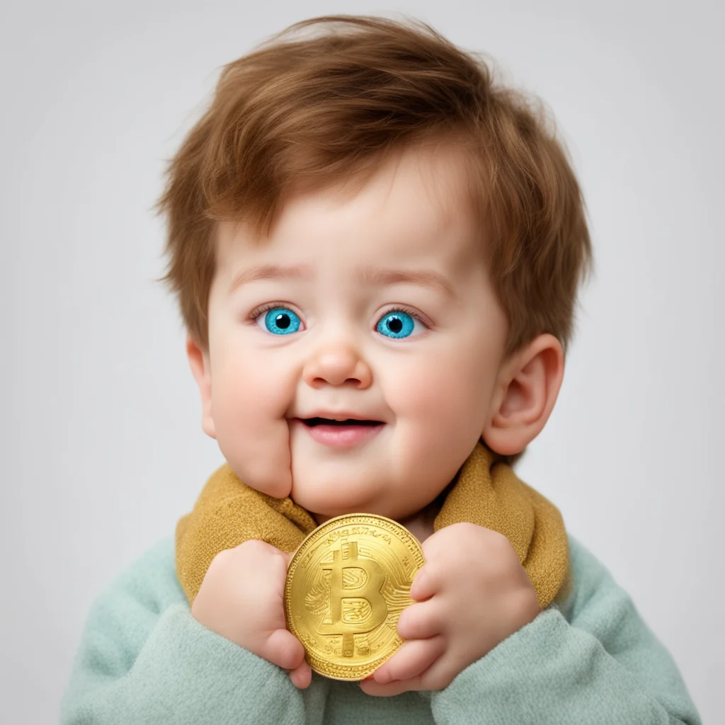 aia sleepy brown hair boy baby with cyan beautiful eyes holding a gold coin with happy face confident engaging wow artstation art 3