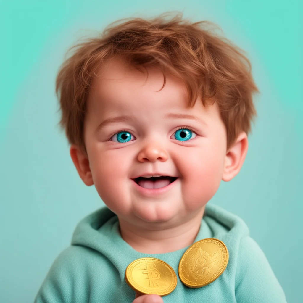 aia sleepy brown hair boy baby with cyan beautiful eyes holding a gold coin with happy face good looking trending fantastic 1