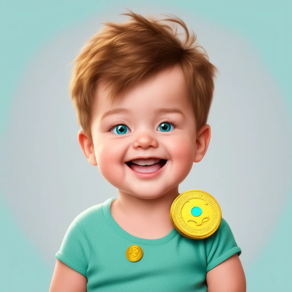 aia sleepy brown hair boy baby with cyan beautiful eyes holding a gold coin with happy face