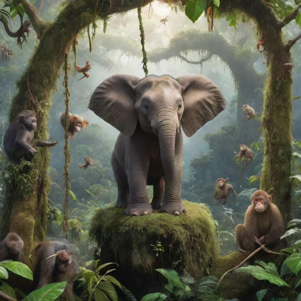aia small elephant sitting in a rainforest with its friends with a pretty rainforest in the backround with monkeys swinging above them on vines. 