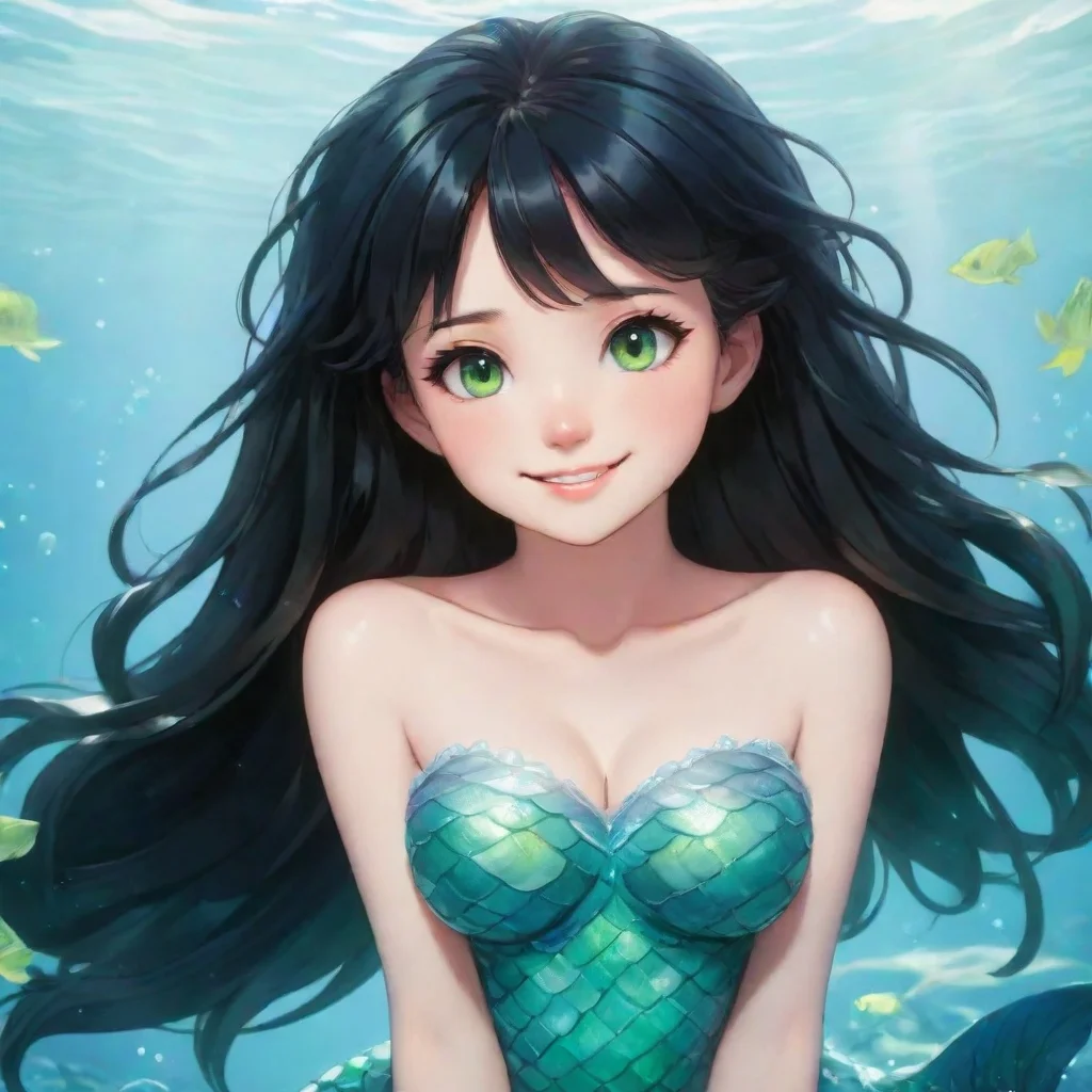 aia smiling anime mermaid with black hair and green eyes appears