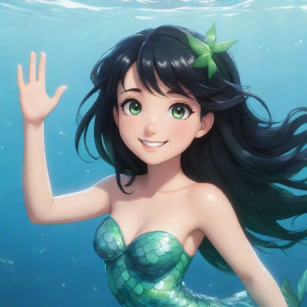 a smiling anime mermaid with black hair and green eyes waving