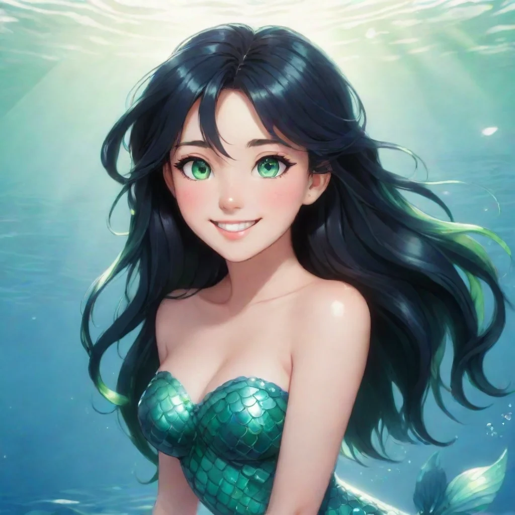 a smiling anime mermaid with black hair and green eyes