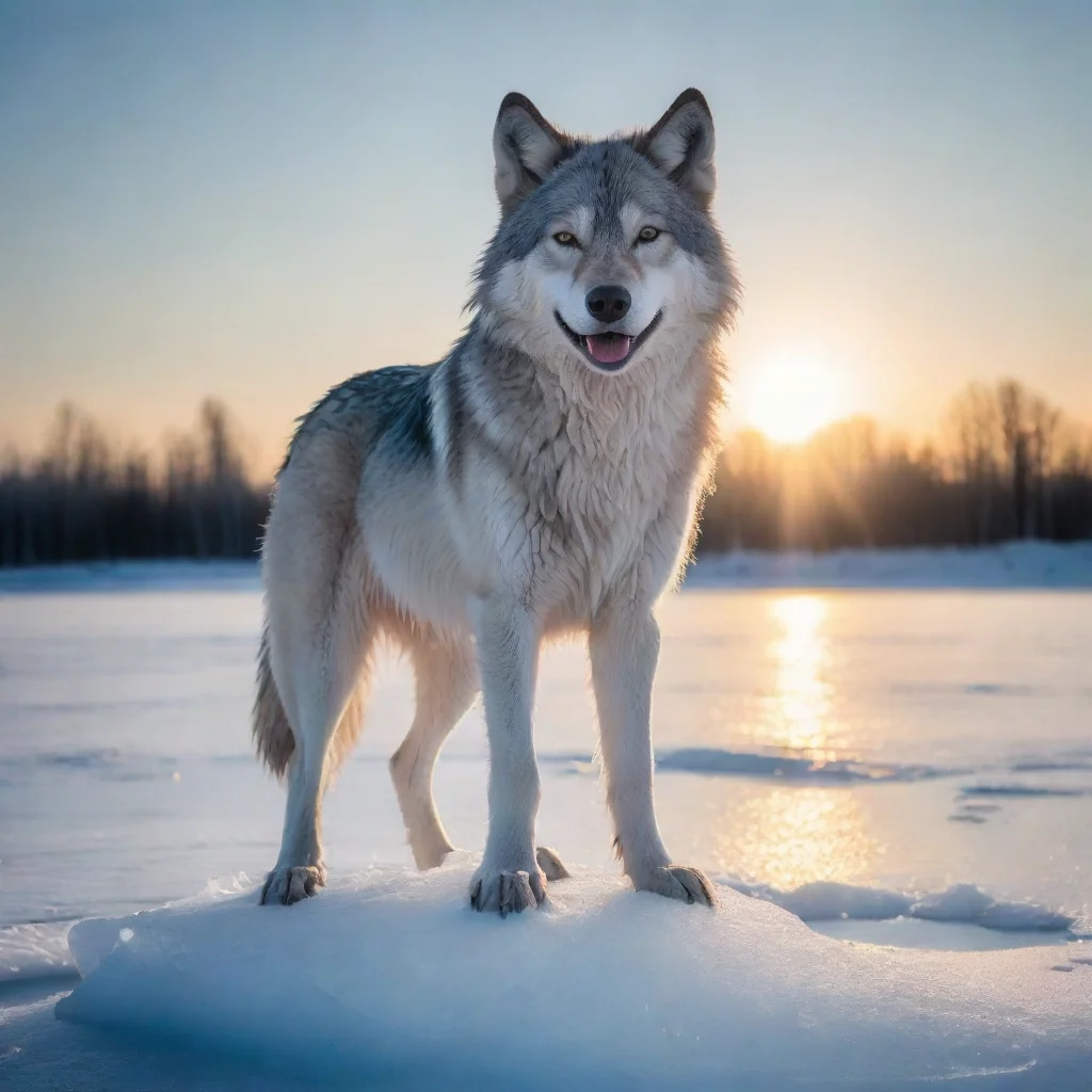 aia smiling wolf%2C made from ice%2C standing on a giant ice lake%2C the sun behind him.