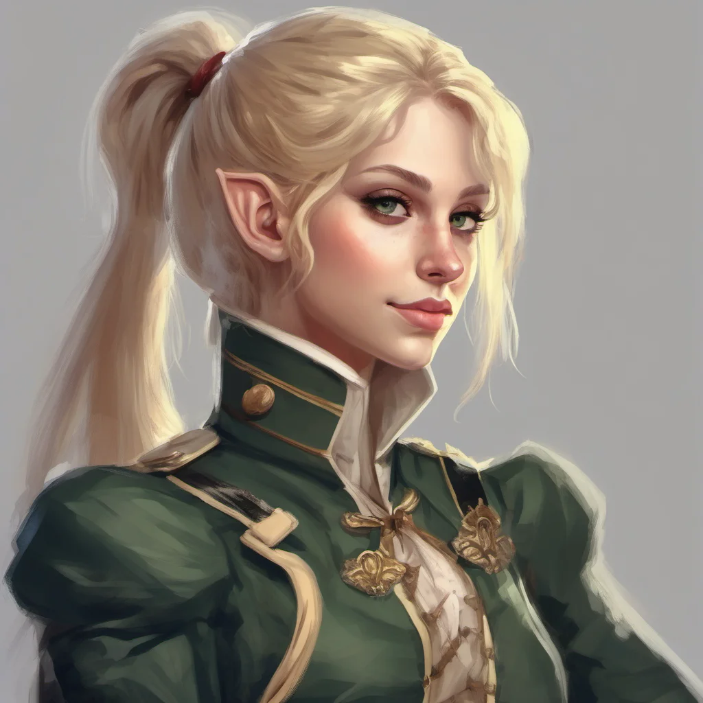 aia smirking beautiful female elf with blonde hair in a ponytail wearing a napoleonic uniform%2C digital art amazing awesome portrait 2