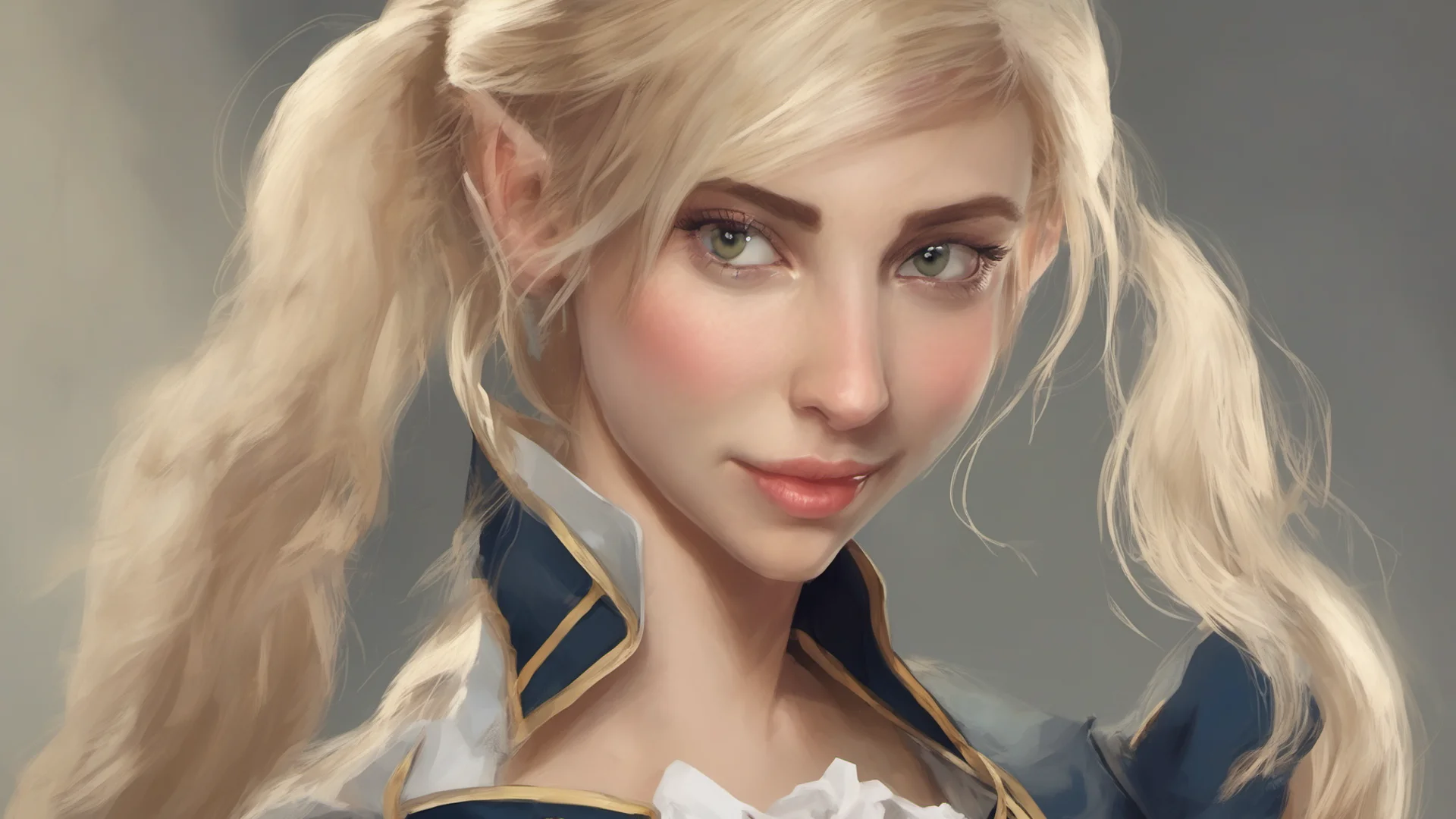 a smirking beautiful female elf with blonde hair in a ponytail wearing a napoleonic uniform%2C digital art confident engaging wow artstation art 3 wide