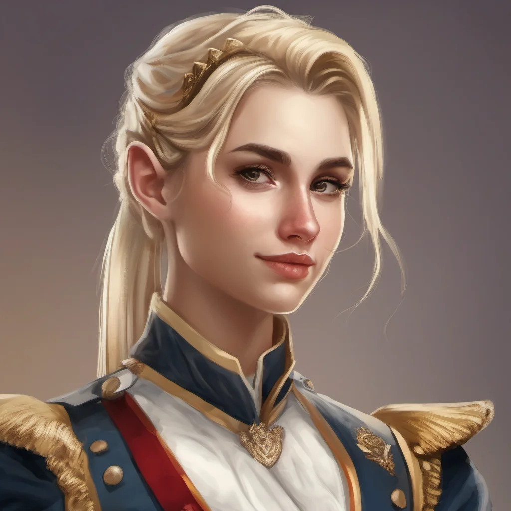 a smirking beautiful female elf with blonde hair in a ponytail wearing a napoleonic uniform%2C digital art