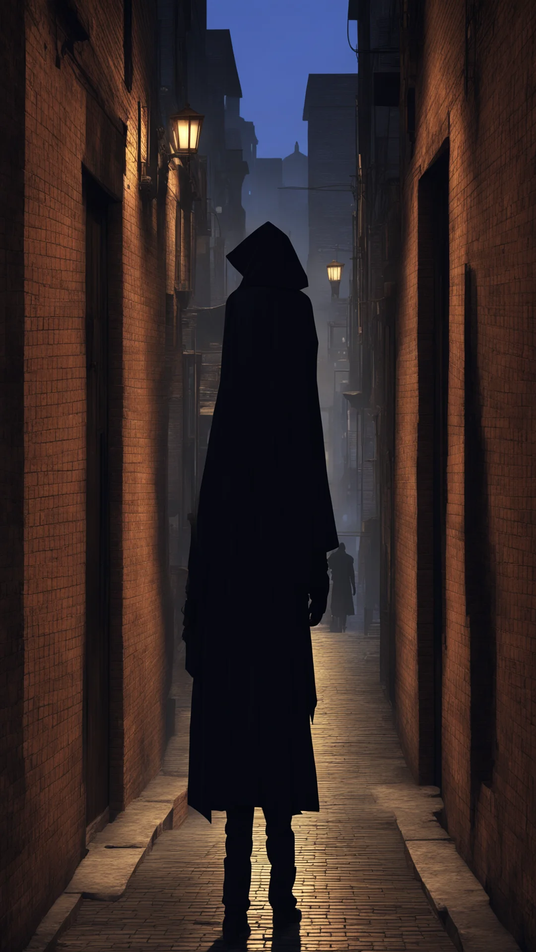 aia solitary figure%2C cloaked in a street smart ensemble%2C stands against a brick wall in the dimly lit alley of a gta style city. amazing awesome portrait 2 tall