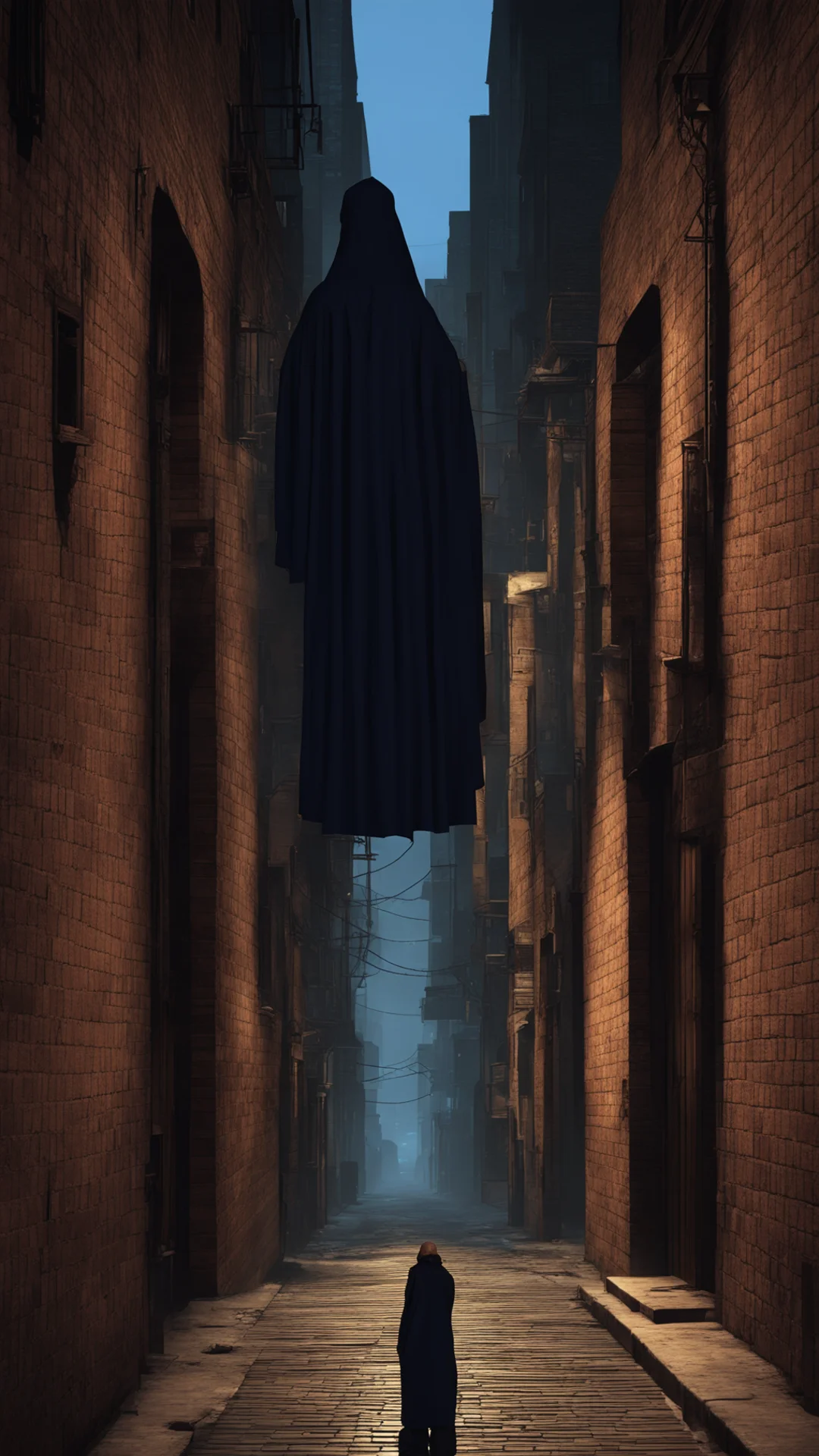 aia solitary figure%2C cloaked in a street smart ensemble%2C stands against a brick wall in the dimly lit alley of a gta style city. confident engaging wow artstation art 3 tall