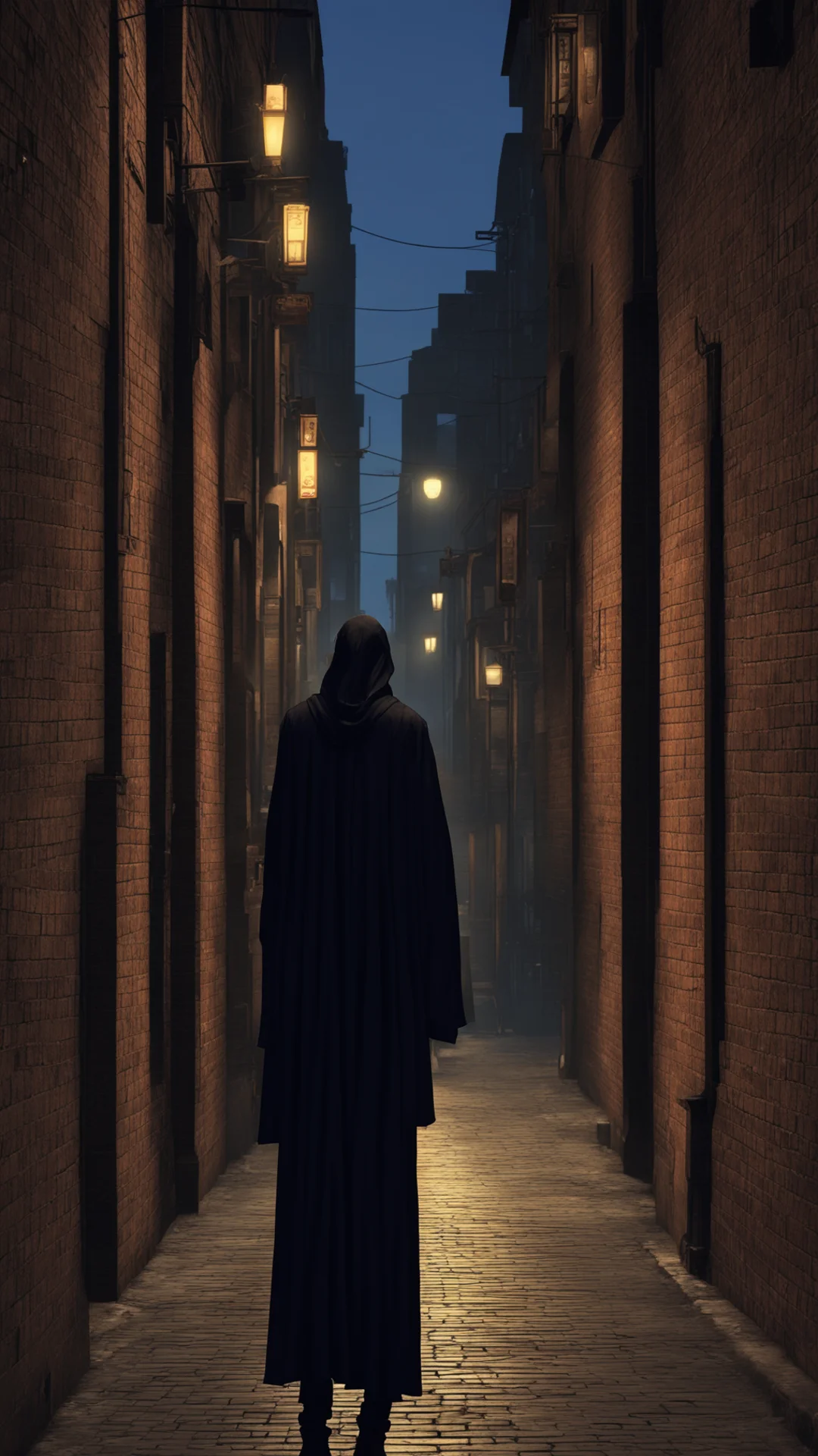 aia solitary figure%2C cloaked in a street smart ensemble%2C stands against a brick wall in the dimly lit alley of a gta style city. good looking trending fantastic 1 tall