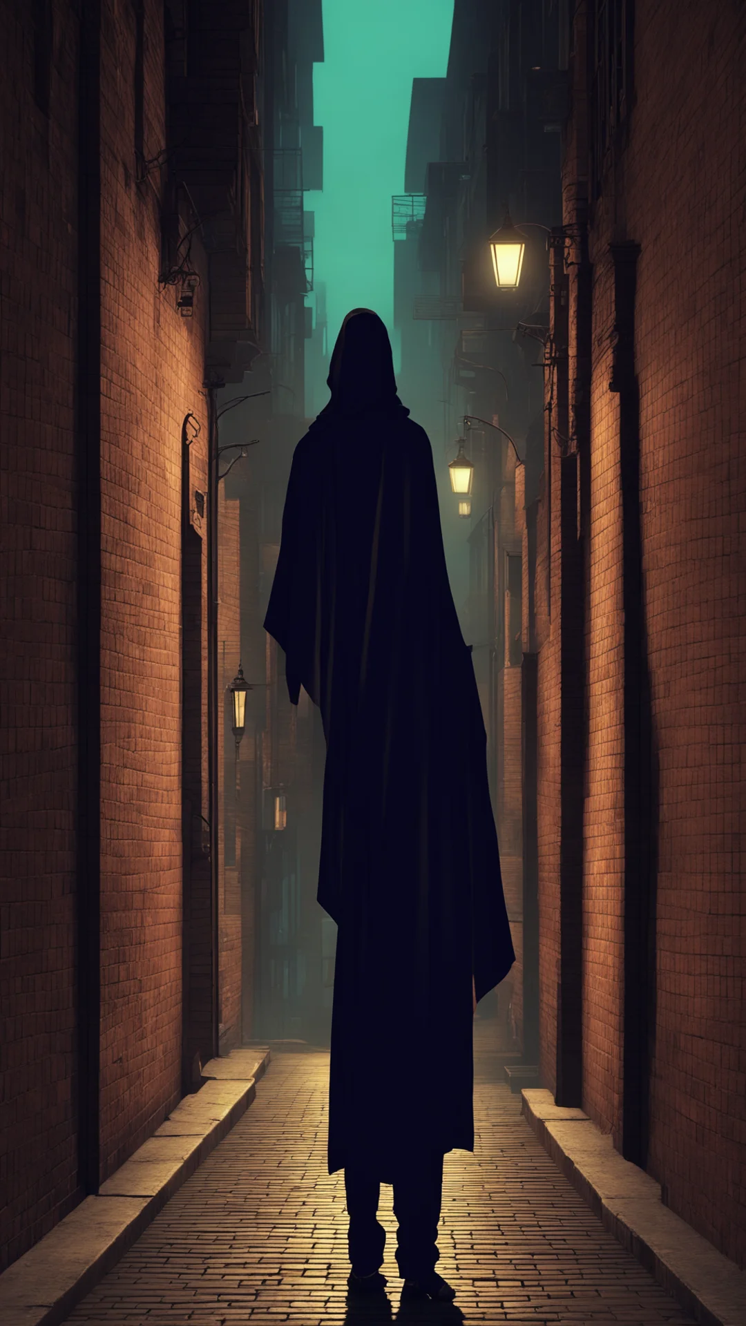 aia solitary figure%2C cloaked in a street smart ensemble%2C stands against a brick wall in the dimly lit alley of a gta style city. tall