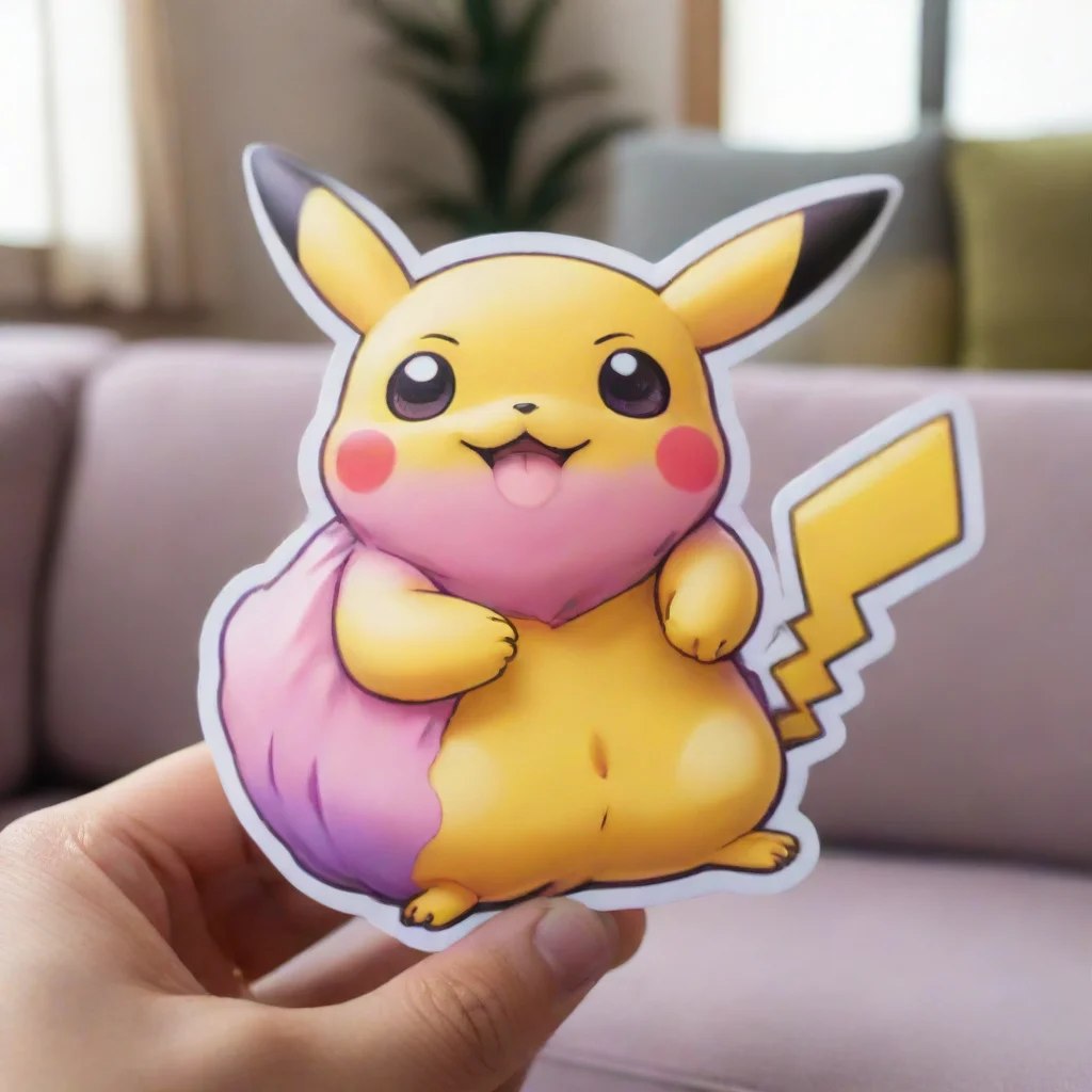 aia sticker of a chibi pikachu with pink%2C purple and yellow colors%2C a hand holding it%2C on top of a couch%2C high detail%2C realistic%2C canon eos r5