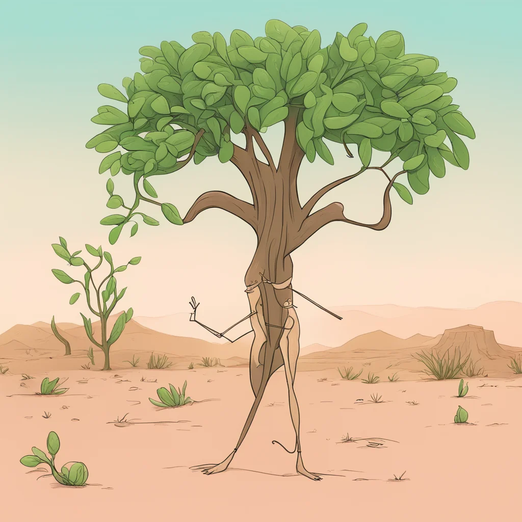 aia stickman cartoon with string bean pods as limbs and muscles%2C and a tree leaves as hair in a strongman pose in the desert amazing awesome portrait 2