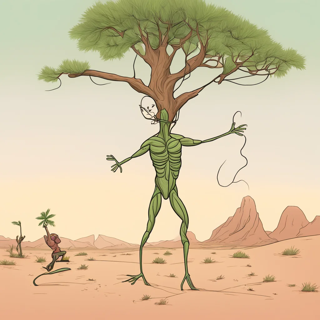 aia stickman cartoon with string bean pods as limbs and muscles%2C and a tree leaves as hair in a strongman pose in the desert confident engaging wow artstation art 3