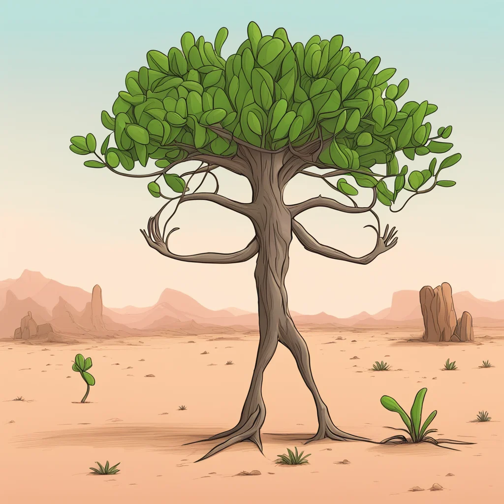 aia stickman cartoon with string bean pods as limbs and muscles%2C and a tree leaves as hair in a strongman pose in the desert good looking trending fantastic 1