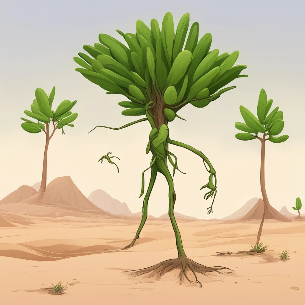 aia stickman cartoon with string bean pods as limbs and muscles%2C and a tree leaves as hair in a strongman pose in the desert