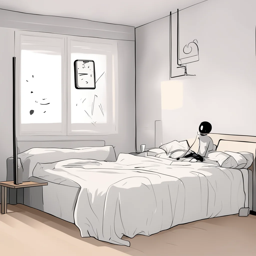 aia stickman losing track of time using his phone on his bed in his bedroom