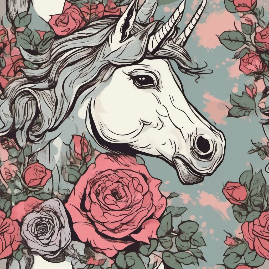 a stylized unicorn and roses