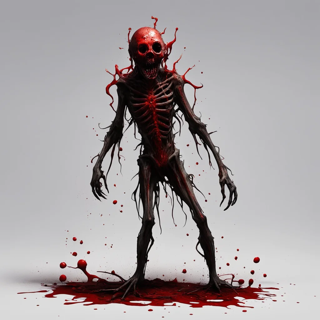 a supernatural that looks like scp 5104 combined with scp 096 that produces metal and poisin from its back and has blood on his teeth and legs 