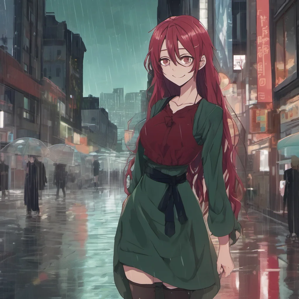 a tall anime girl with long green hair and cornflower colored eyes standing in the background of a rainy city. she is wearing a dark red dress. she has a wide smile on her face